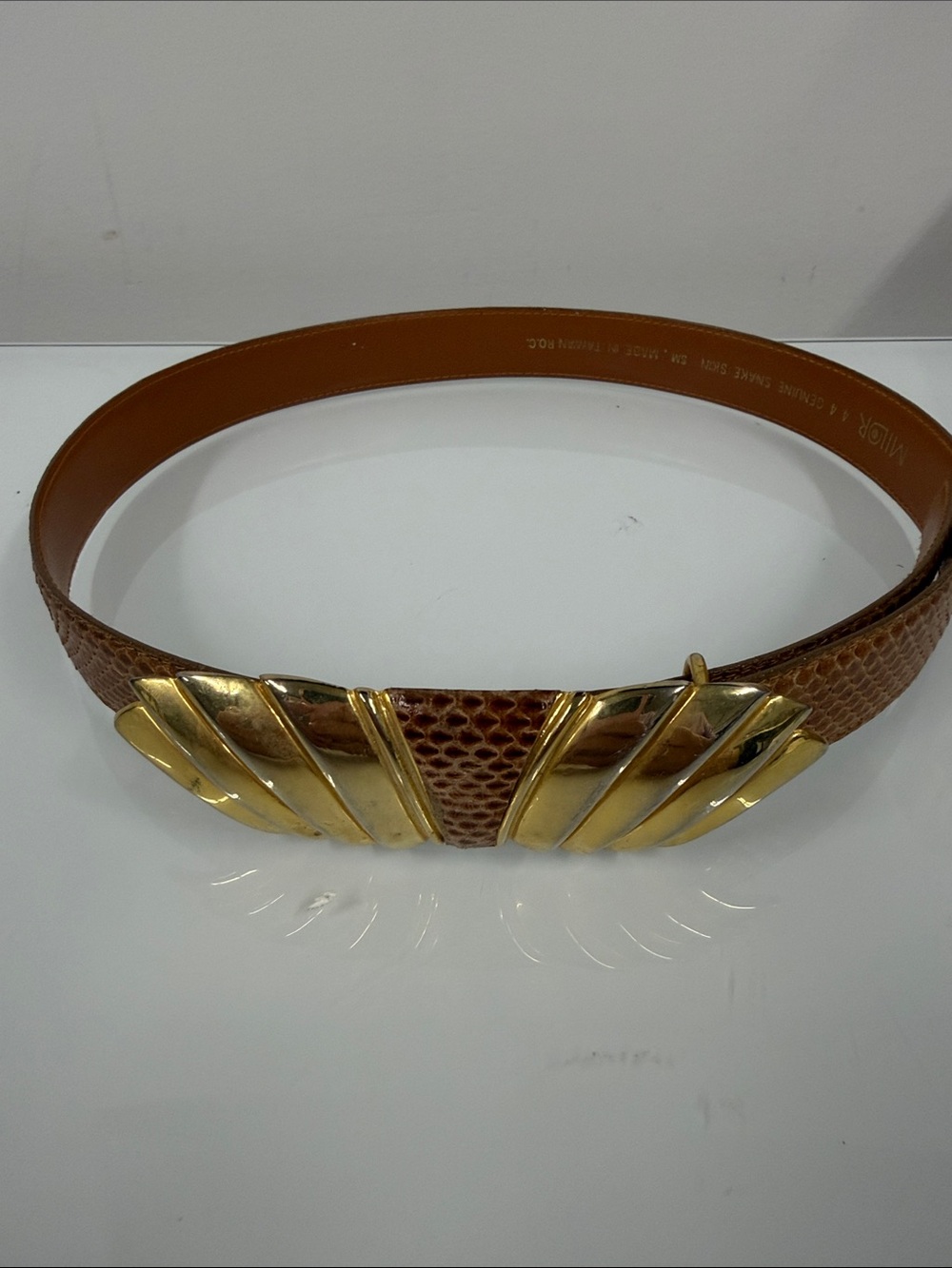 Vintage Brown Leather Belt with Gold Sculpted Buckle S M